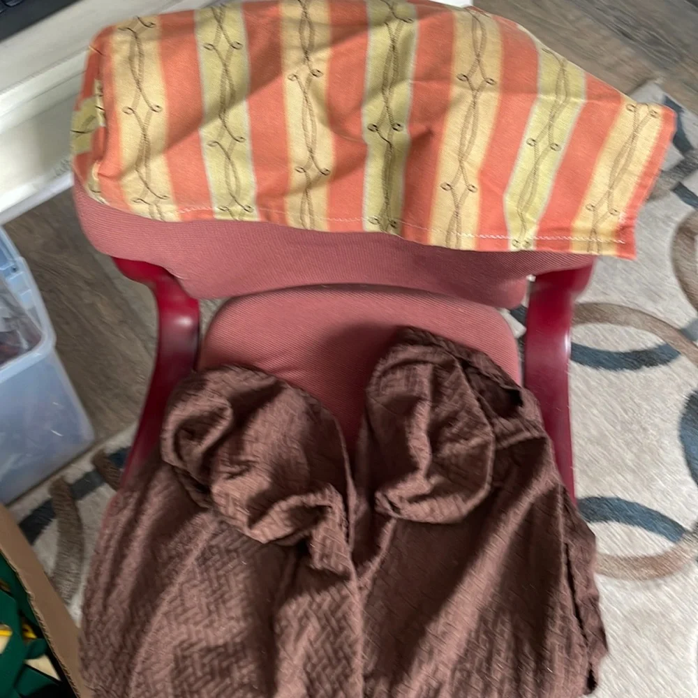 Two brown armchair covers and one striped a chair arm cover MASON ARM PROTECTORS